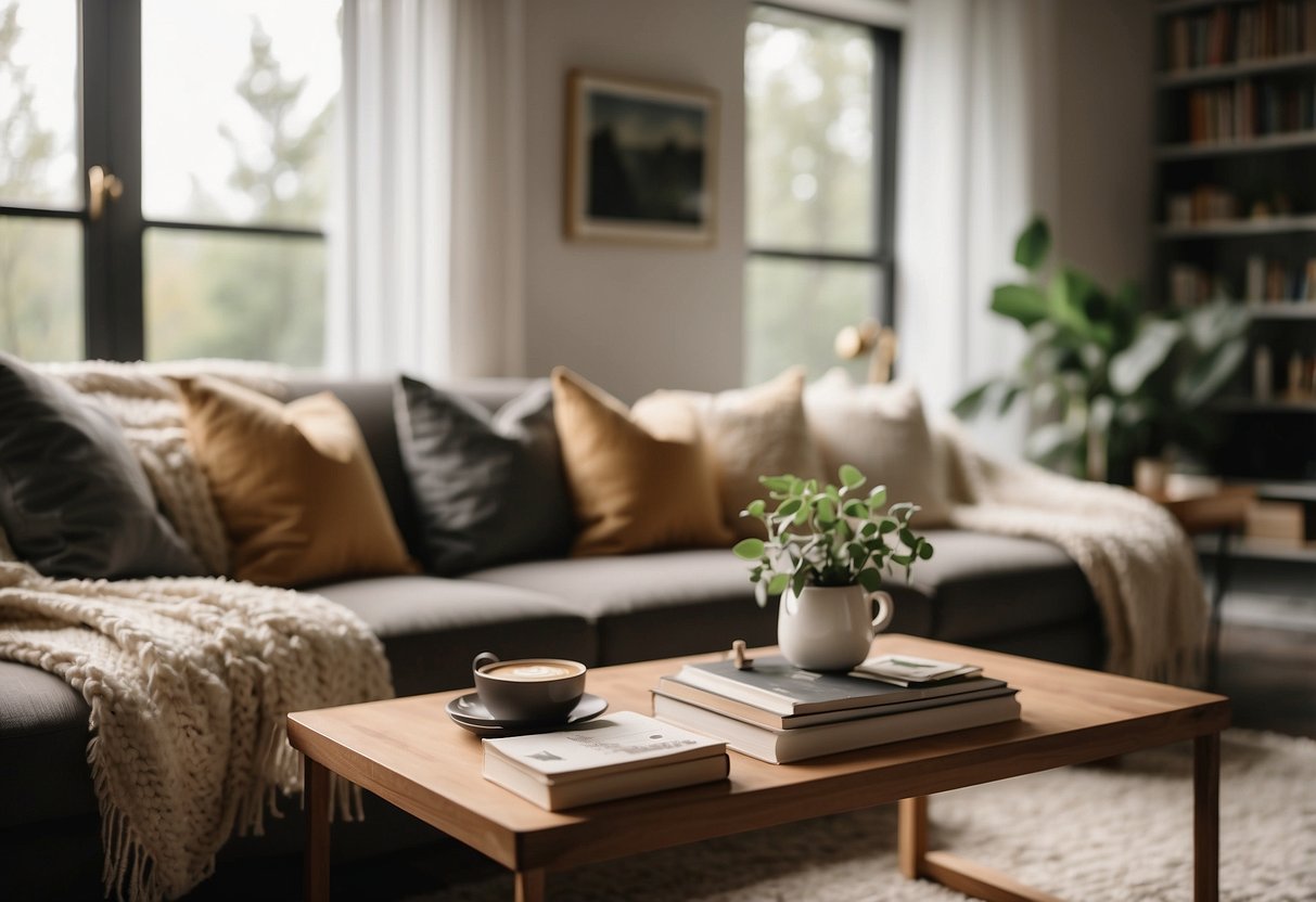 A cozy living room with a Fella Furniture sofa, a warm throw blanket, and a stack of books on the coffee table. The room is bathed in soft, natural light from the large window