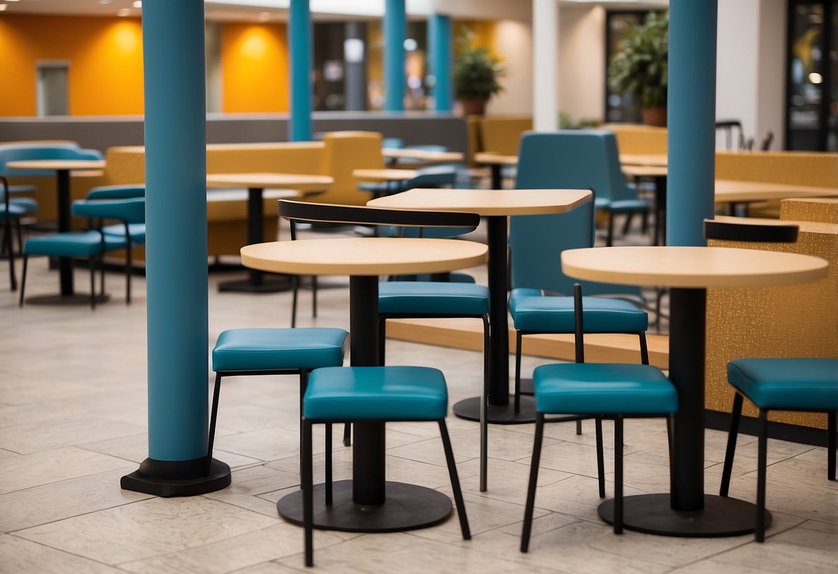 The food court furniture is arranged in a spacious, open area. Tables and chairs are scattered throughout, with colorful, modern designs. The seating offers a variety of options, from high-top tables to cozy booths