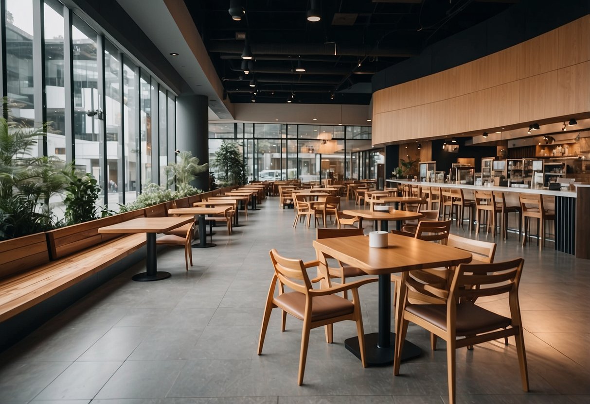 The food court is filled with sleek, modern furniture made of polished wood and metal, with comfortable seating and stylish tables