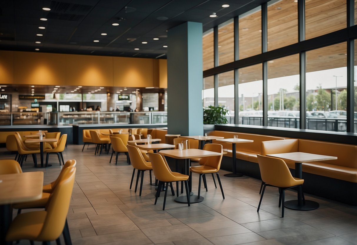 The food court furniture is sleek and modern, with clean lines and durable materials. The tables and chairs are arranged in a spacious layout, creating a welcoming and comfortable dining area
