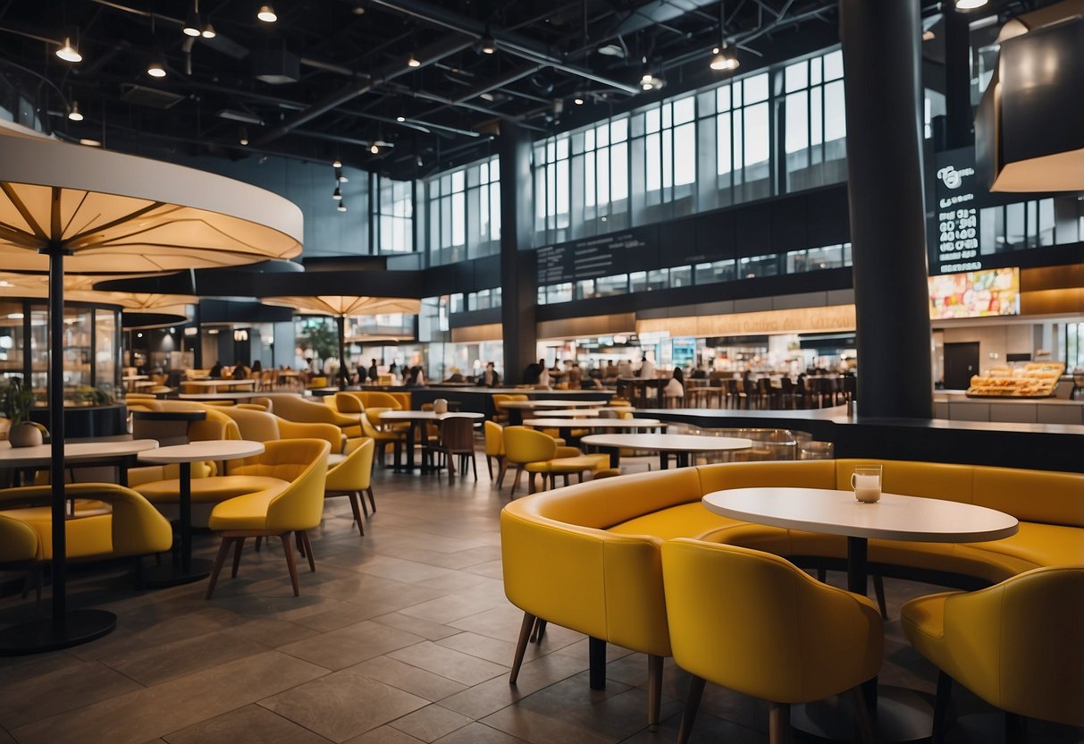 A bustling food court with modern, sleek furniture arranged in an open layout, with a variety of seating options and vibrant signage overhead