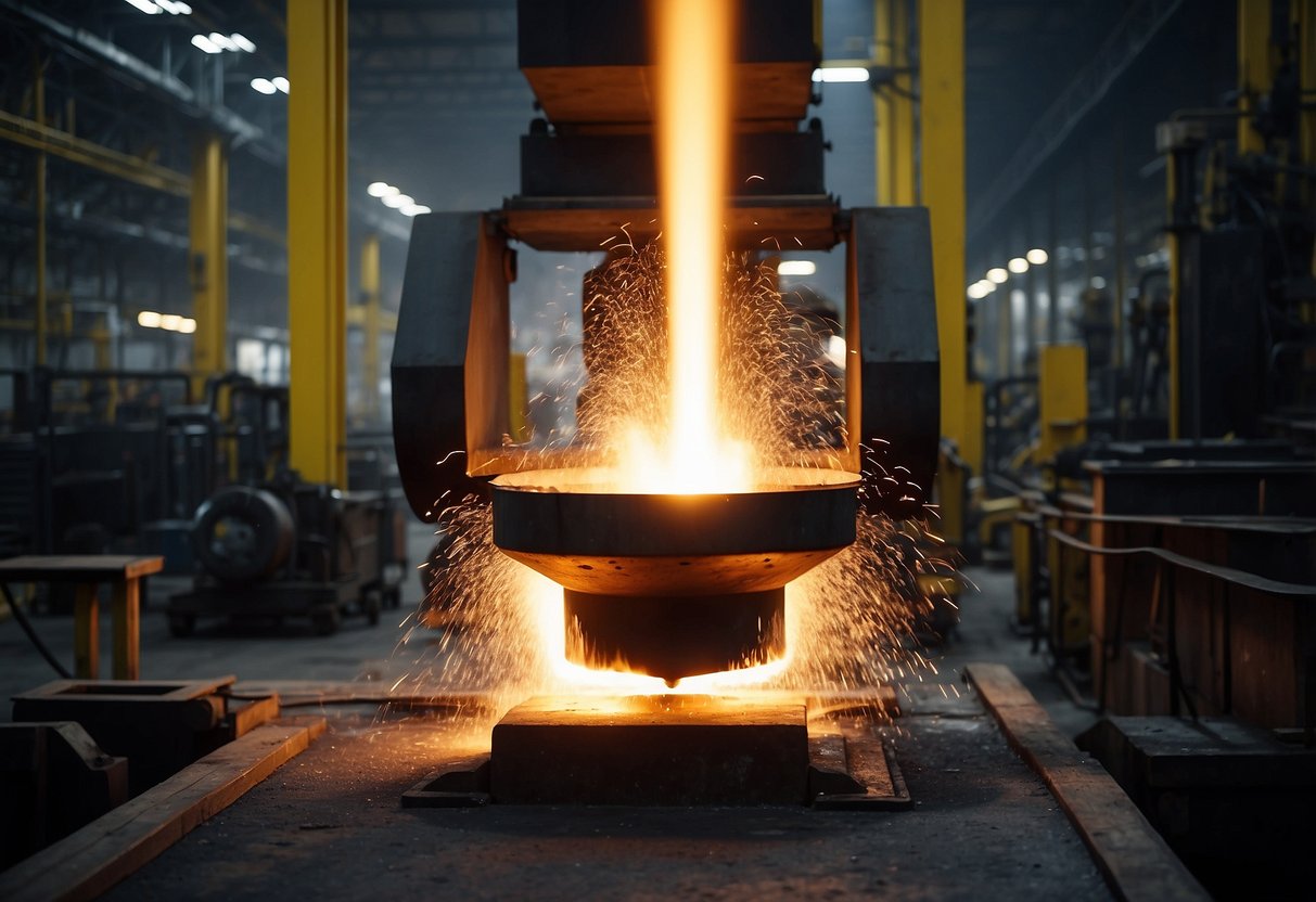 Molten metal pours into molds at the foundry, surrounded by industrial machinery and stacks of raw materials
