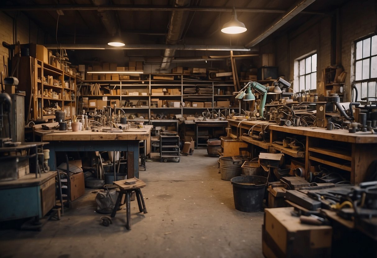 A cluttered workshop with metal scraps, welding equipment, and industrial tools. Shelves filled with raw materials and unfinished furniture pieces