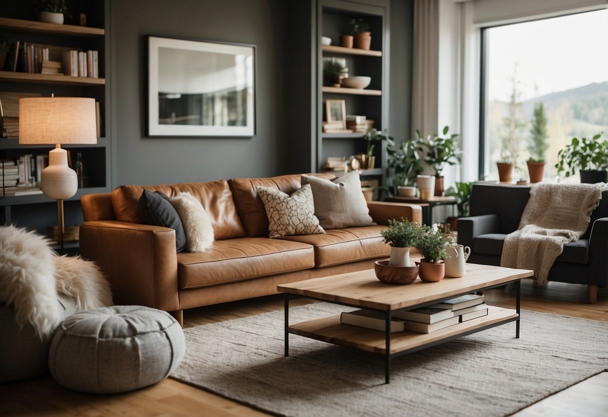 A cozy living room with a modern sofa and coffee table, surrounded by shelves filled with stylish home decor items. The room is filled with natural light, creating a warm and inviting atmosphere