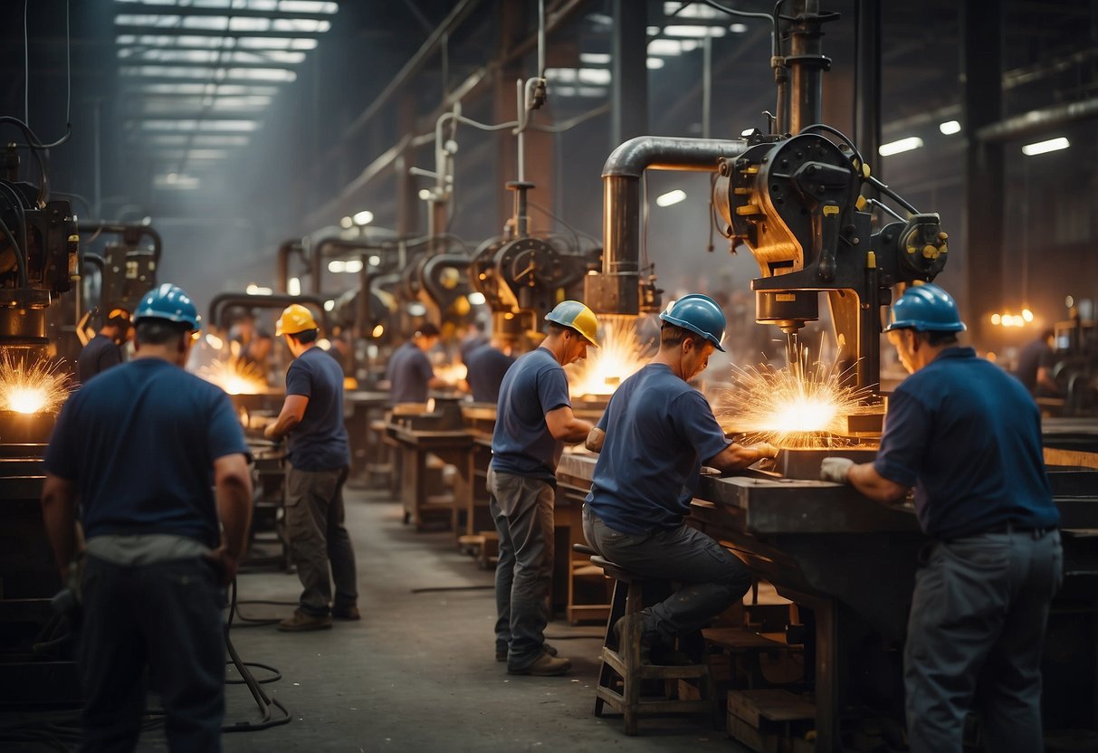 A busy furniture foundry with workers assembling and inspecting products. Machinery hums and sparks fly as the team works diligently
