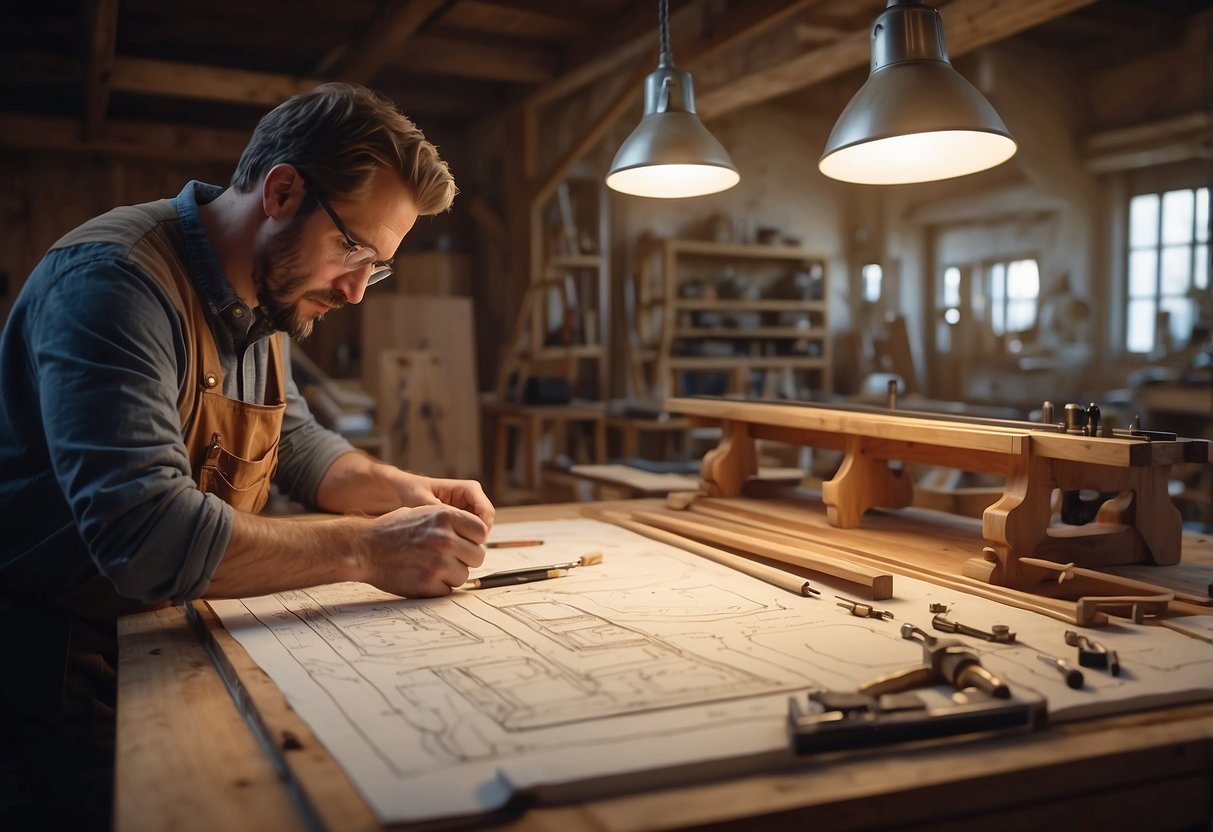 A woodworker sketches intricate designs for freehand furniture on a large drafting table with various tools and materials scattered around