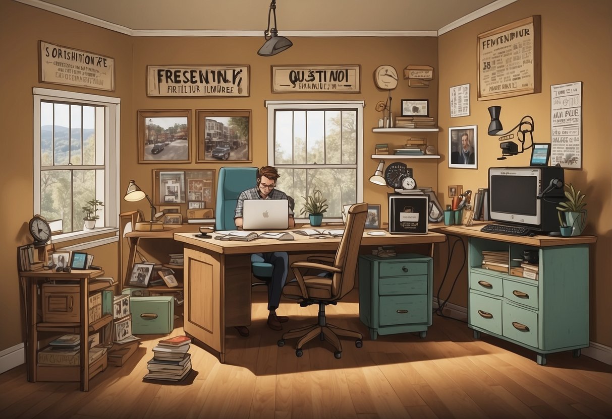 A person sitting at a desk, surrounded by various pieces of furniture, with a sign that reads "Frequently Asked Questions freehand furniture" displayed prominently
