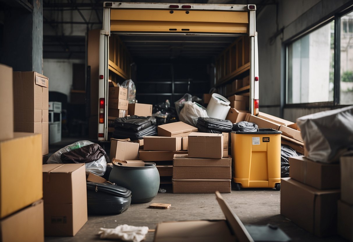 A cluttered room with old furniture being removed by a professional disposal service in Singapore. Items are being carefully loaded onto a truck for removal