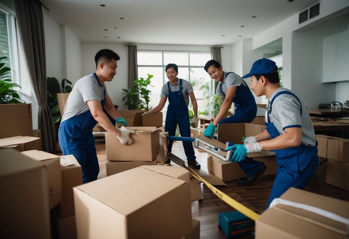 A team of movers efficiently clearing out old furniture from a Singaporean home, answering common questions with friendly professionalism