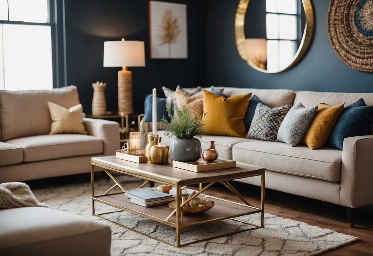 A room filled with furniture accessories: throw pillows, decorative vases, table lamps, wall art, and area rugs