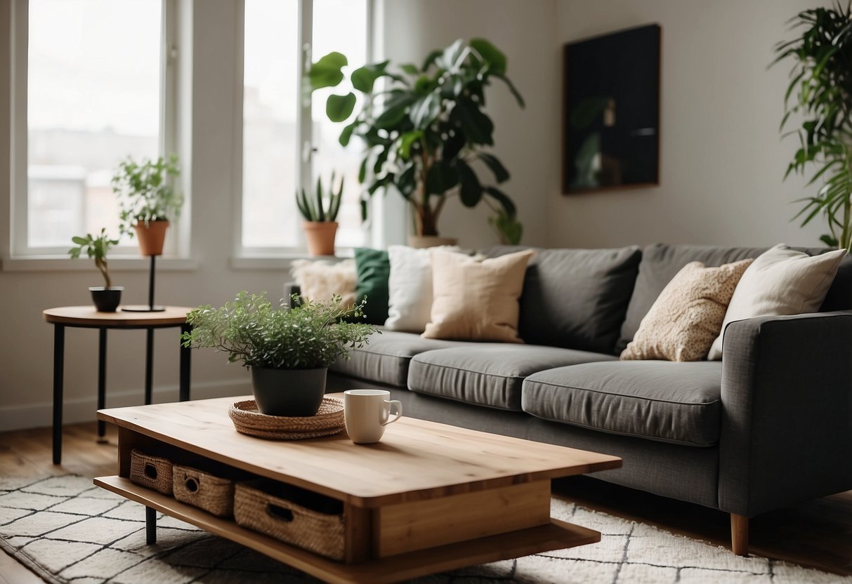 A cozy living room with a sofa, coffee table, rug, and throw pillows. A floor lamp and potted plant add warmth and character to the space