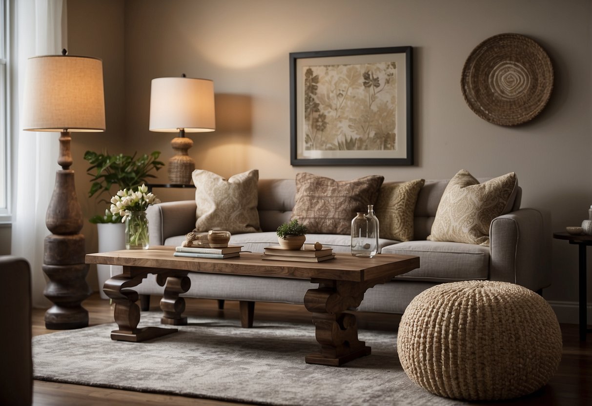 A table with various furniture accessories displayed: lamps, rugs, pillows, and vases. A sign reads "Frequently Asked Questions."