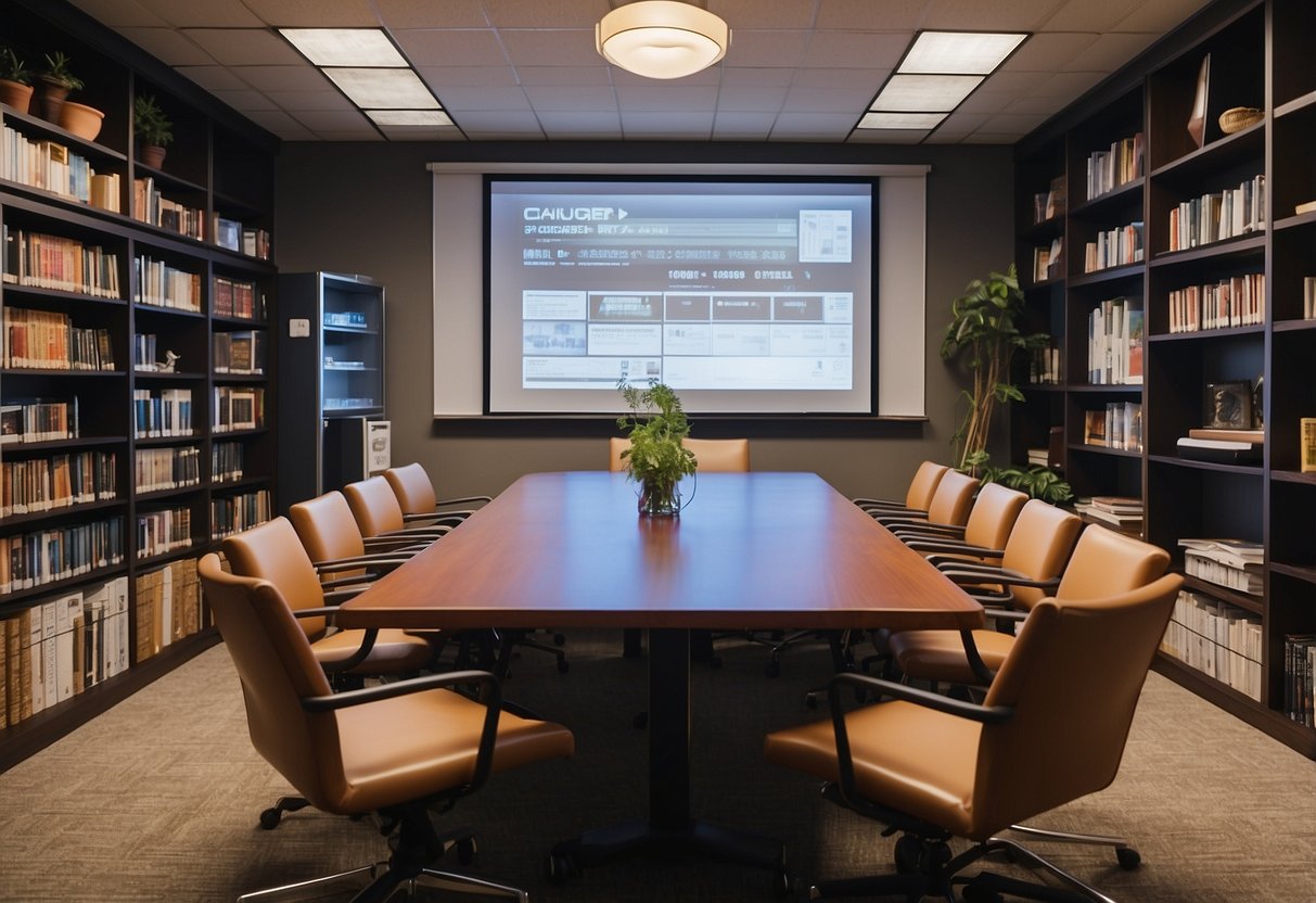 A table surrounded by chairs, with a whiteboard and projector at the front of the room. Shelves of books and binders line the walls