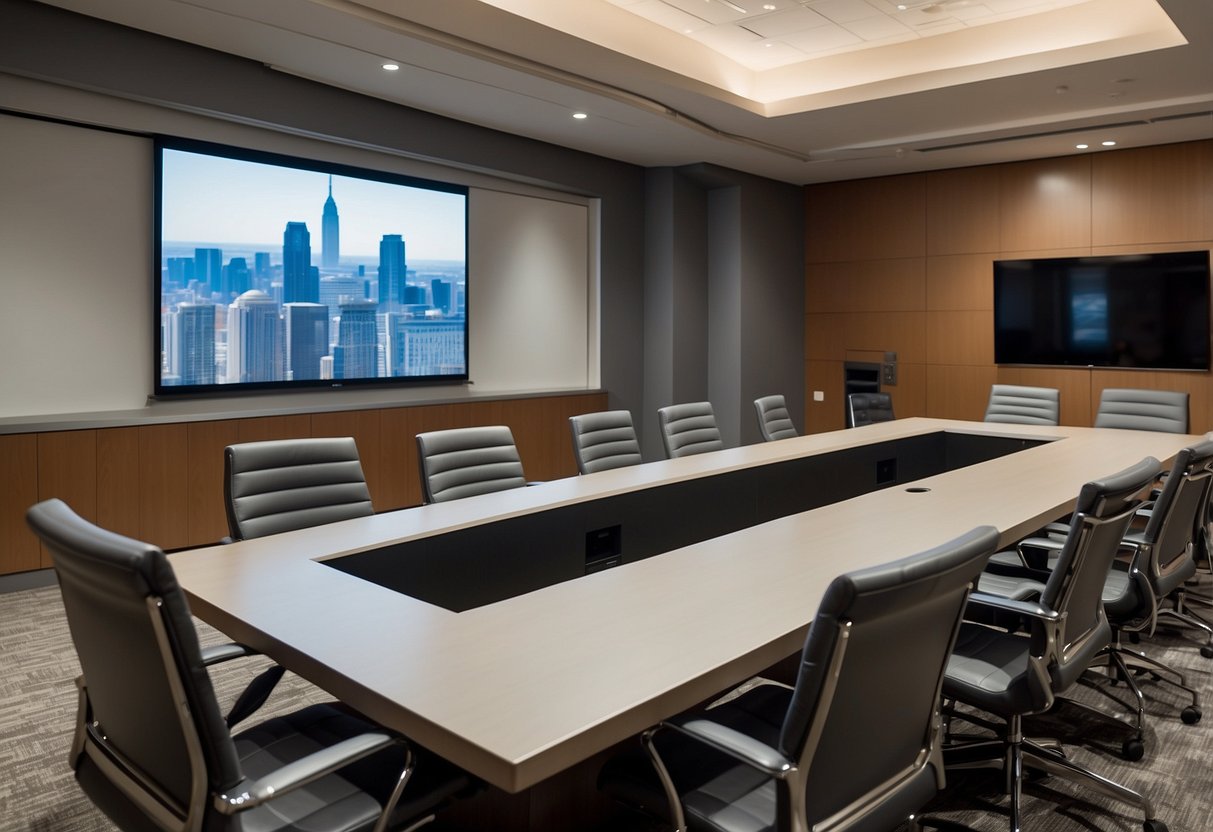 The conference room is set with sleek, modern furniture. A large table is surrounded by comfortable chairs, while a projector screen hangs at the front of the room. The space is designed for collaboration and productivity