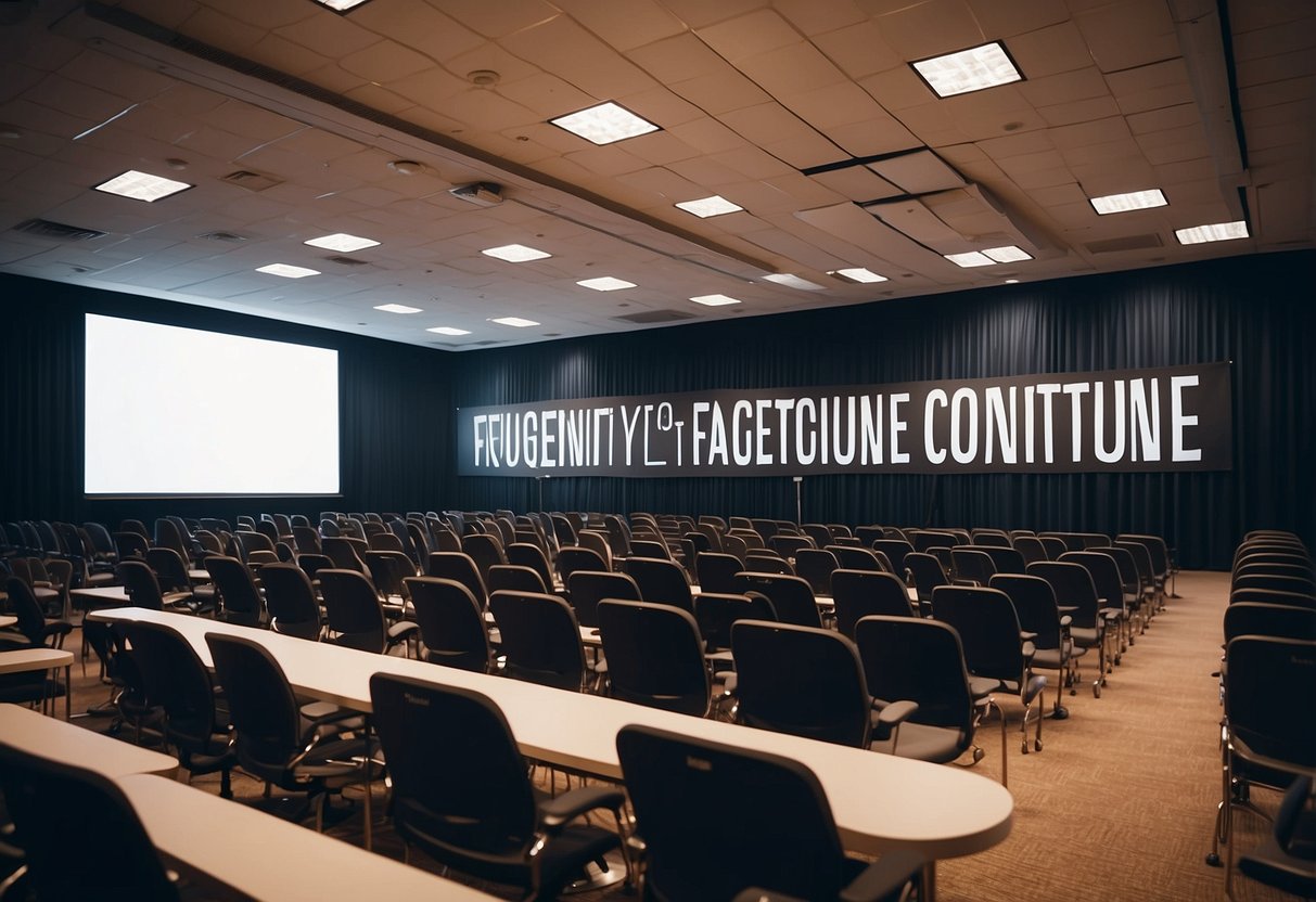 A crowded conference room with rows of chairs facing a stage. A large banner reading "Frequently Asked Questions furniture conference" hangs at the front