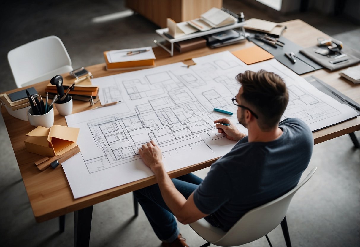 A designer sketches a sleek, modern chair with clean lines and innovative features, surrounded by drafting tools and material samples