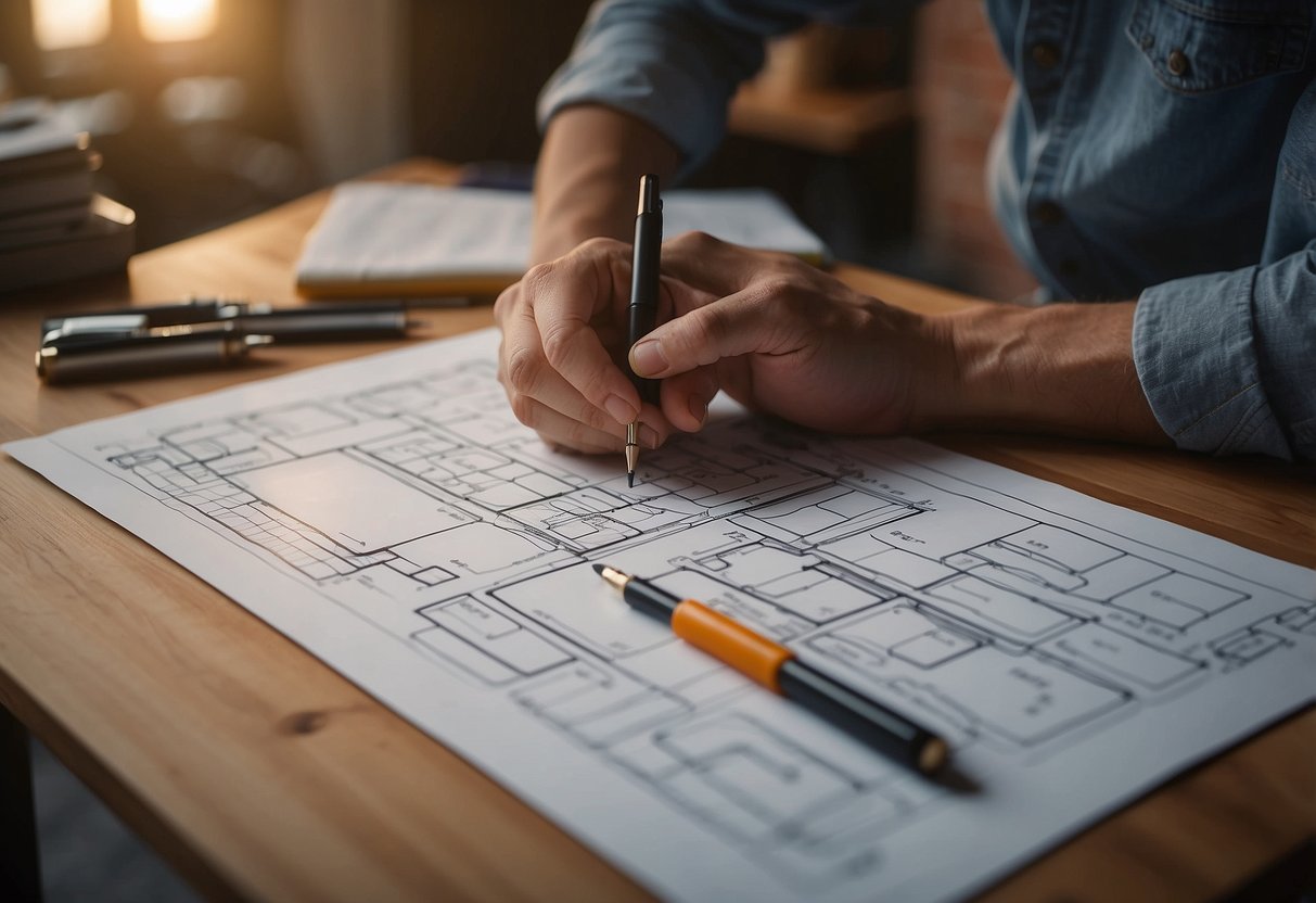 A designer sketching furniture concepts with precision tools and materials