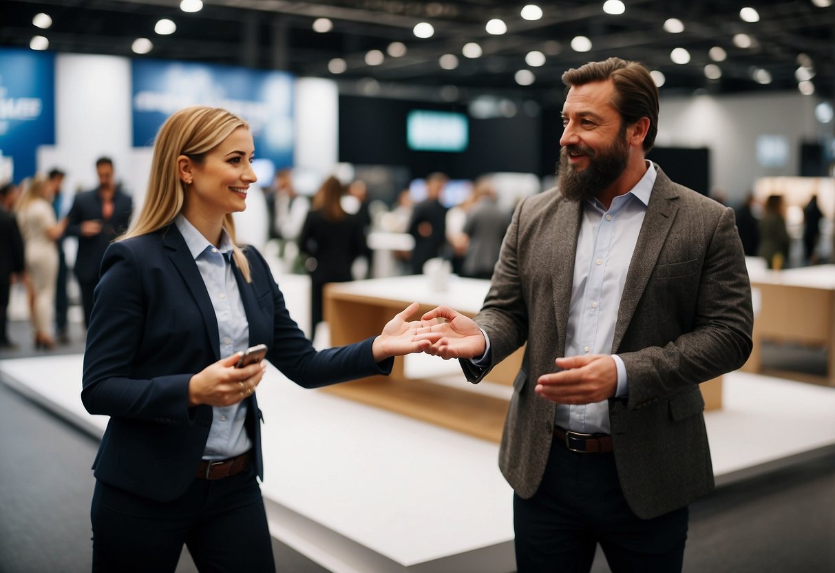 A furniture designer presenting work at a trade show, engaging with industry professionals and showcasing their professional development skills