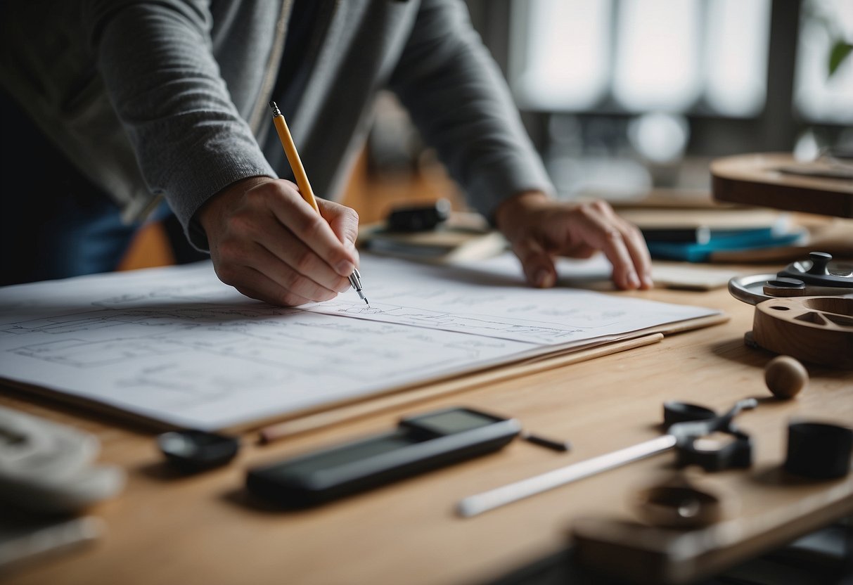 A furniture designer sketching, measuring, and drafting designs in a studio filled with tools, materials, and inspiration