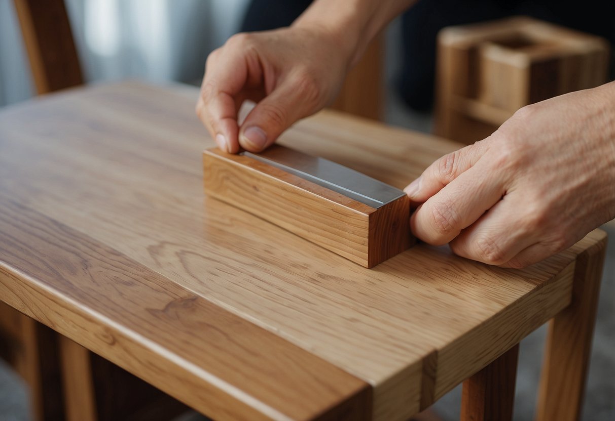 Furniture feet protectors being applied to wooden chair legs