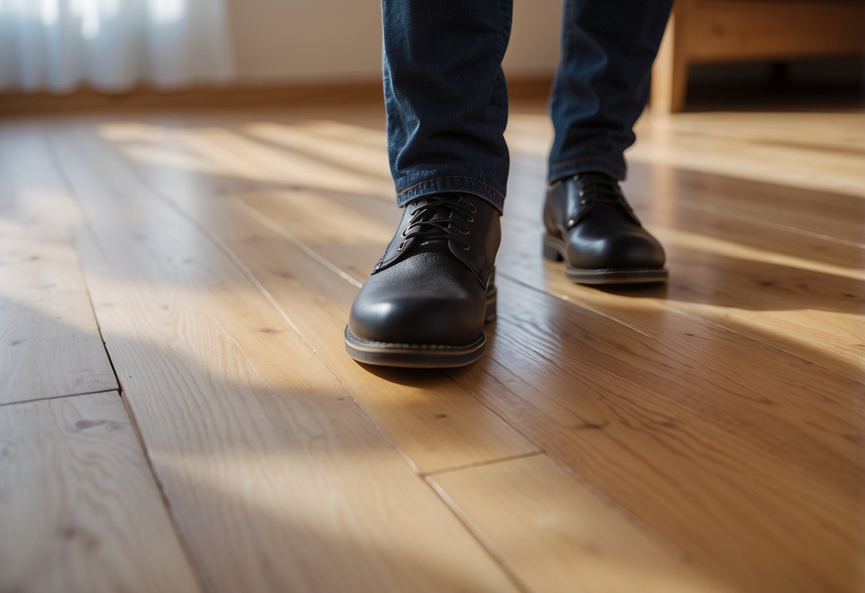 Wood floors being protected by furniture feet protectors. Consideration for sustainability evident in the choice of materials