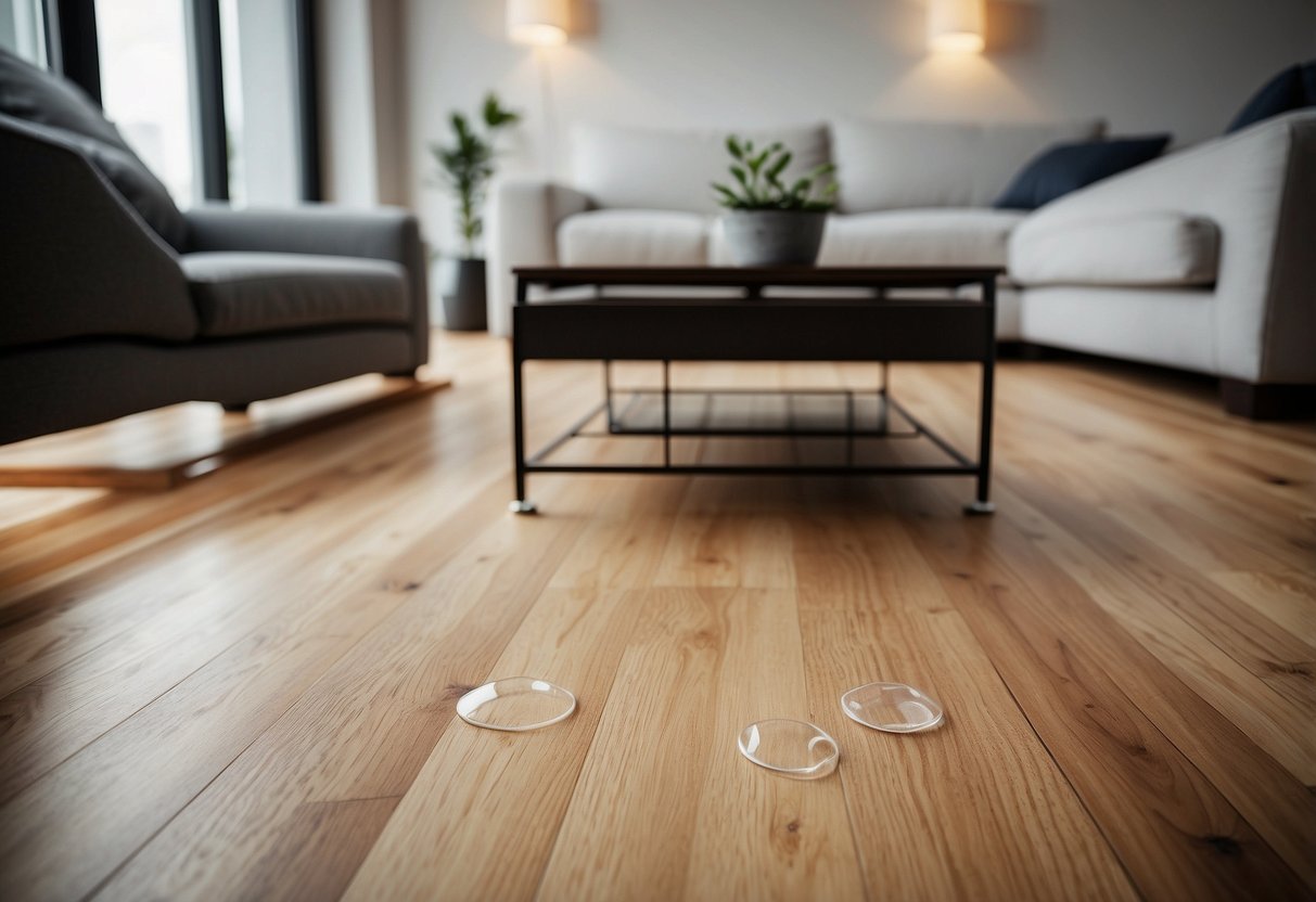 Wood floors with various furniture feet protectors in use, including adhesive pads, felt pads, and rubber caps. Clear labeling and easy application