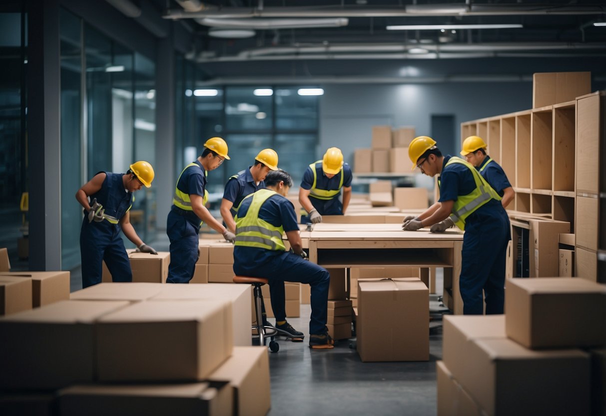 A team of workers assembles modern furniture in a brightly lit room in Singapore