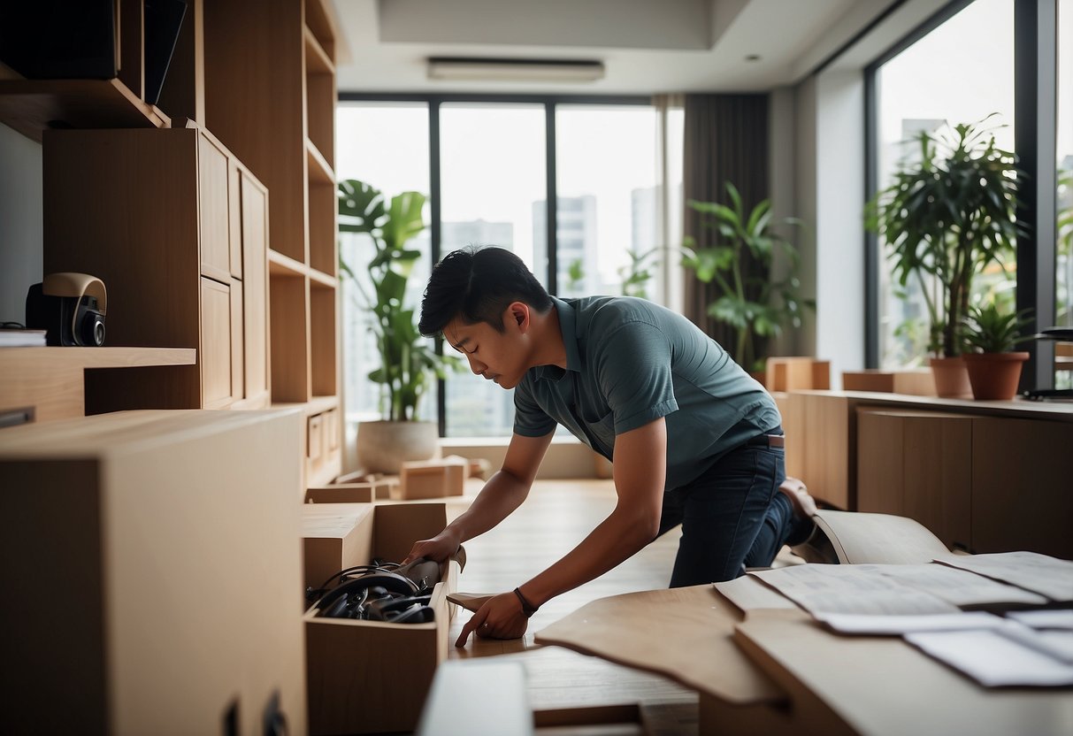 A person carefully arranging furniture in a Singaporean home, showcasing various installment plans