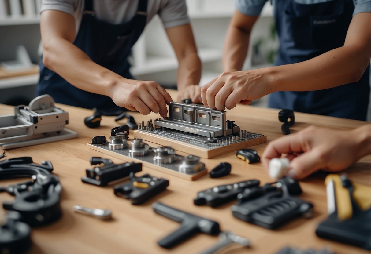 A team of workers assembling furniture in a modern Singaporean home, surrounded by tools and instruction manuals