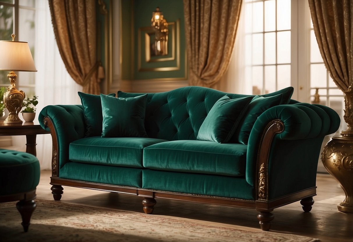 The furniture is a deep mahogany, with plush velvet cushions in a rich emerald green. The room is bathed in warm, golden light, casting a cozy and inviting atmosphere