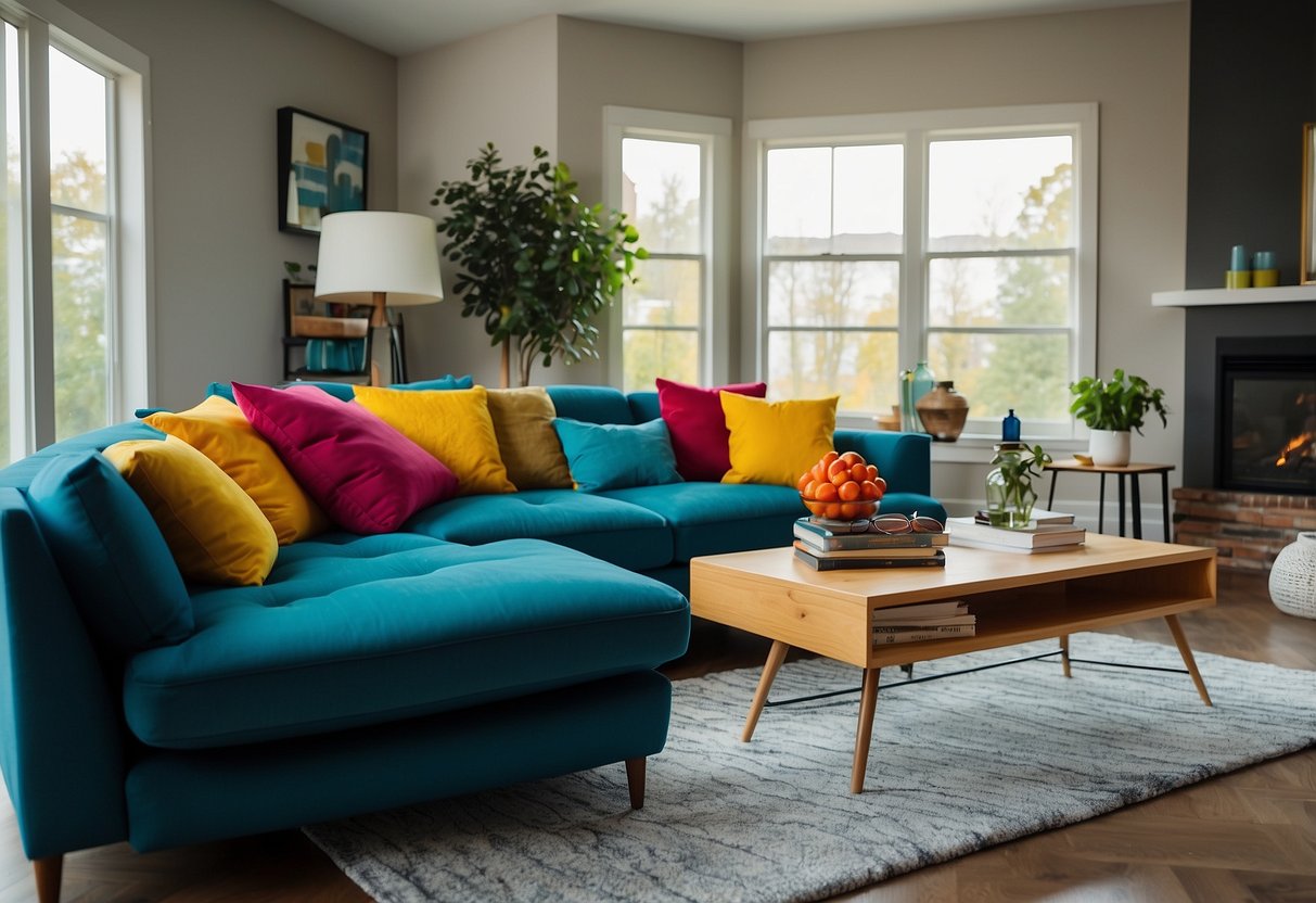 A modern living room with vibrant furniture in various colors, including a bold red sofa, a sleek blue coffee table, and a bright yellow armchair