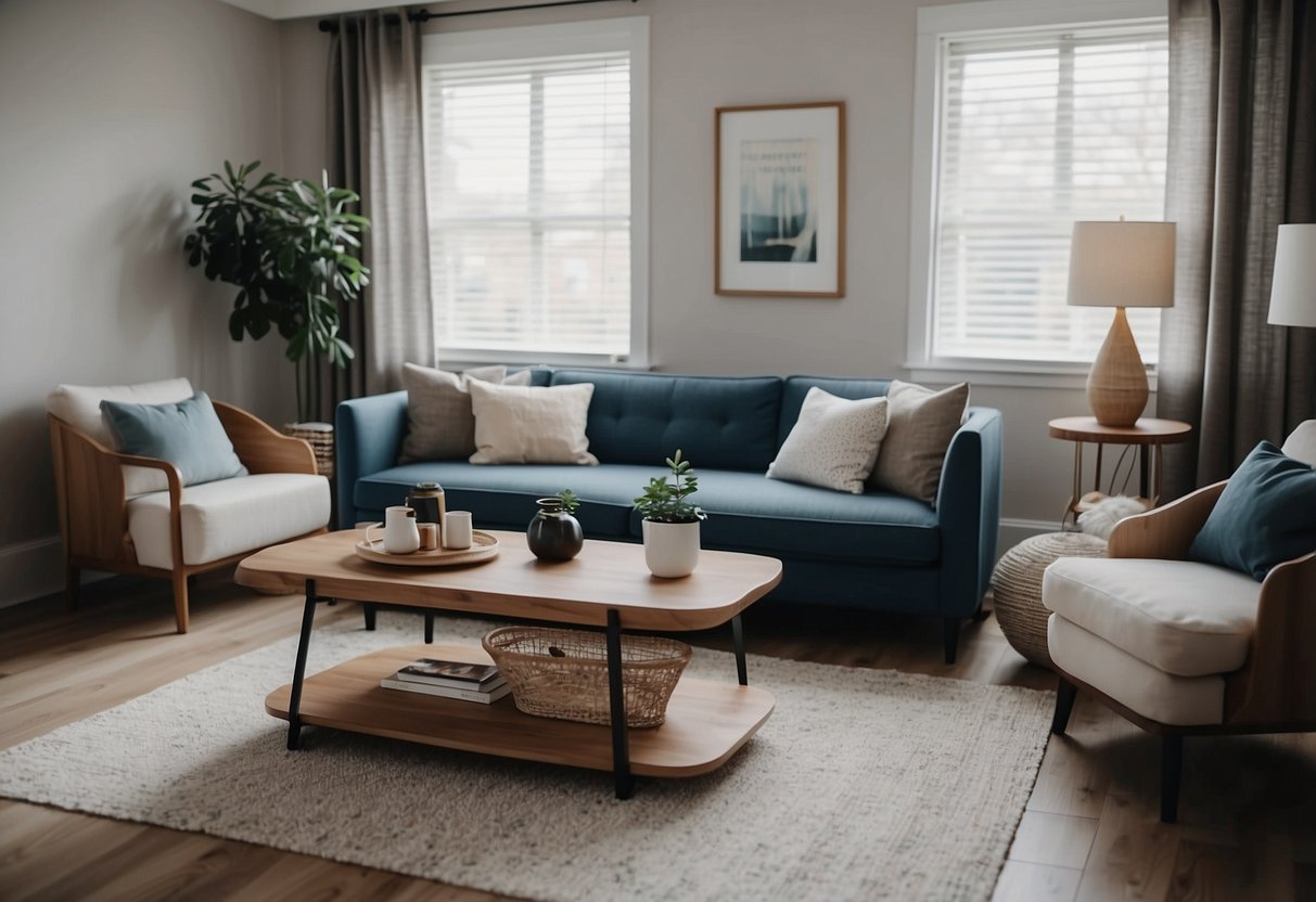A living room with a grey sofa, blue accent chair, and wooden coffee table. A bedroom with a white bed, beige nightstands, and a dark wood dresser