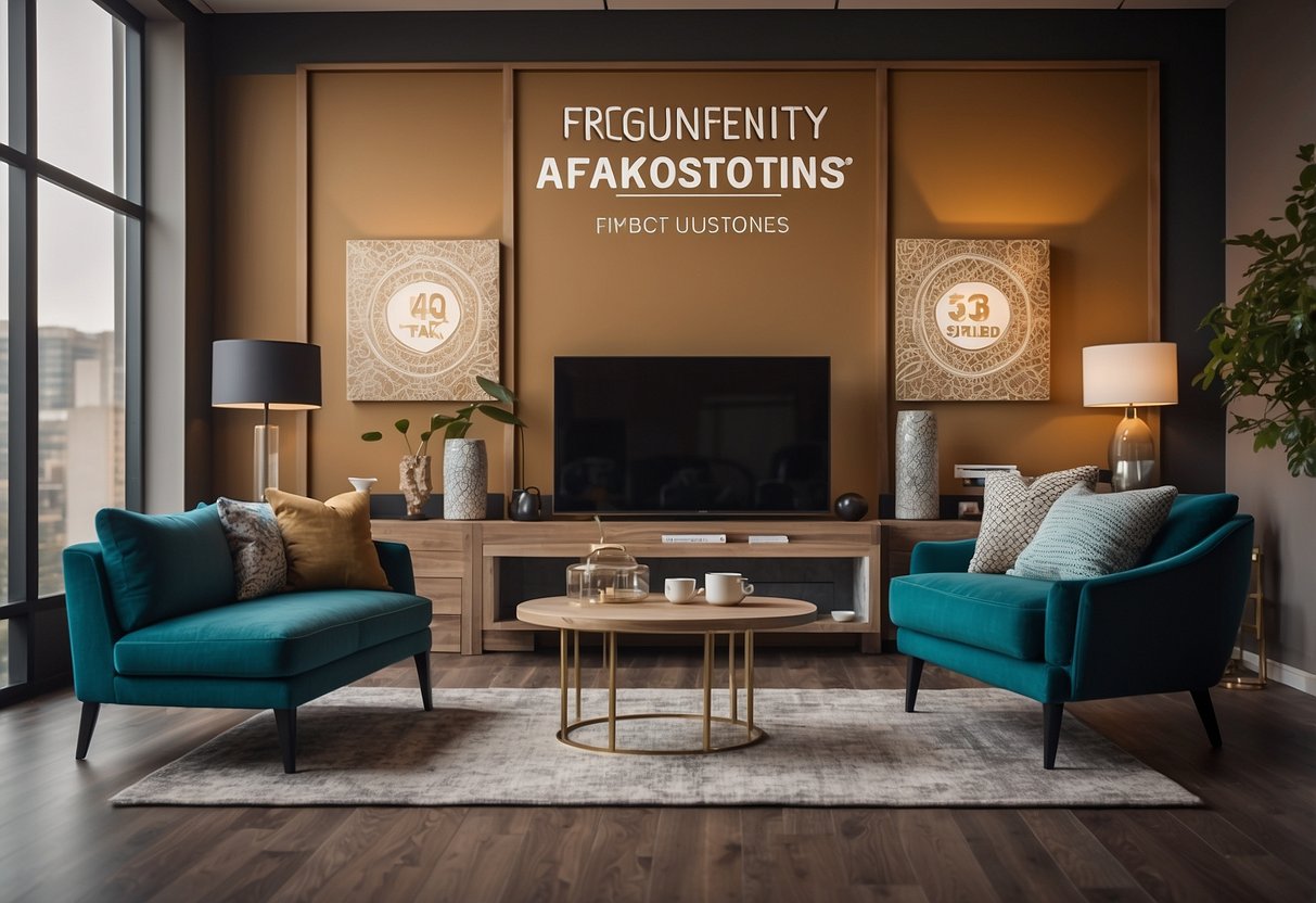 A room with various furniture pieces in different colors, with a sign reading "Frequently Asked Questions" prominently displayed