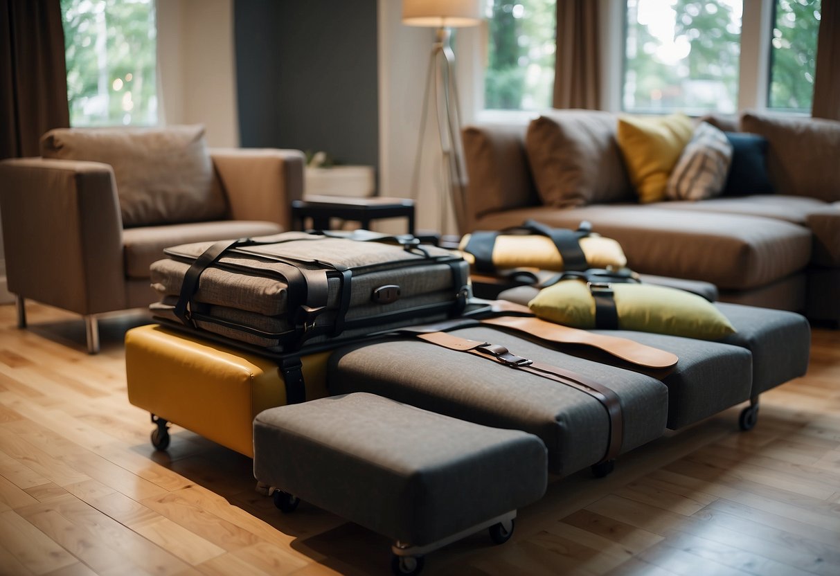 Various furniture moving tools scattered on the floor: dolly, sliders, straps, and lifting straps. A heavy couch sits ready for relocation