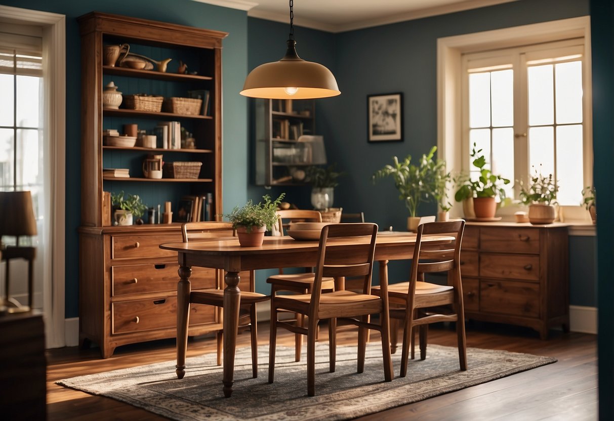 A room with a wooden table and chairs, a bookshelf, and a dresser, all freshly painted in various shades of vibrant colors