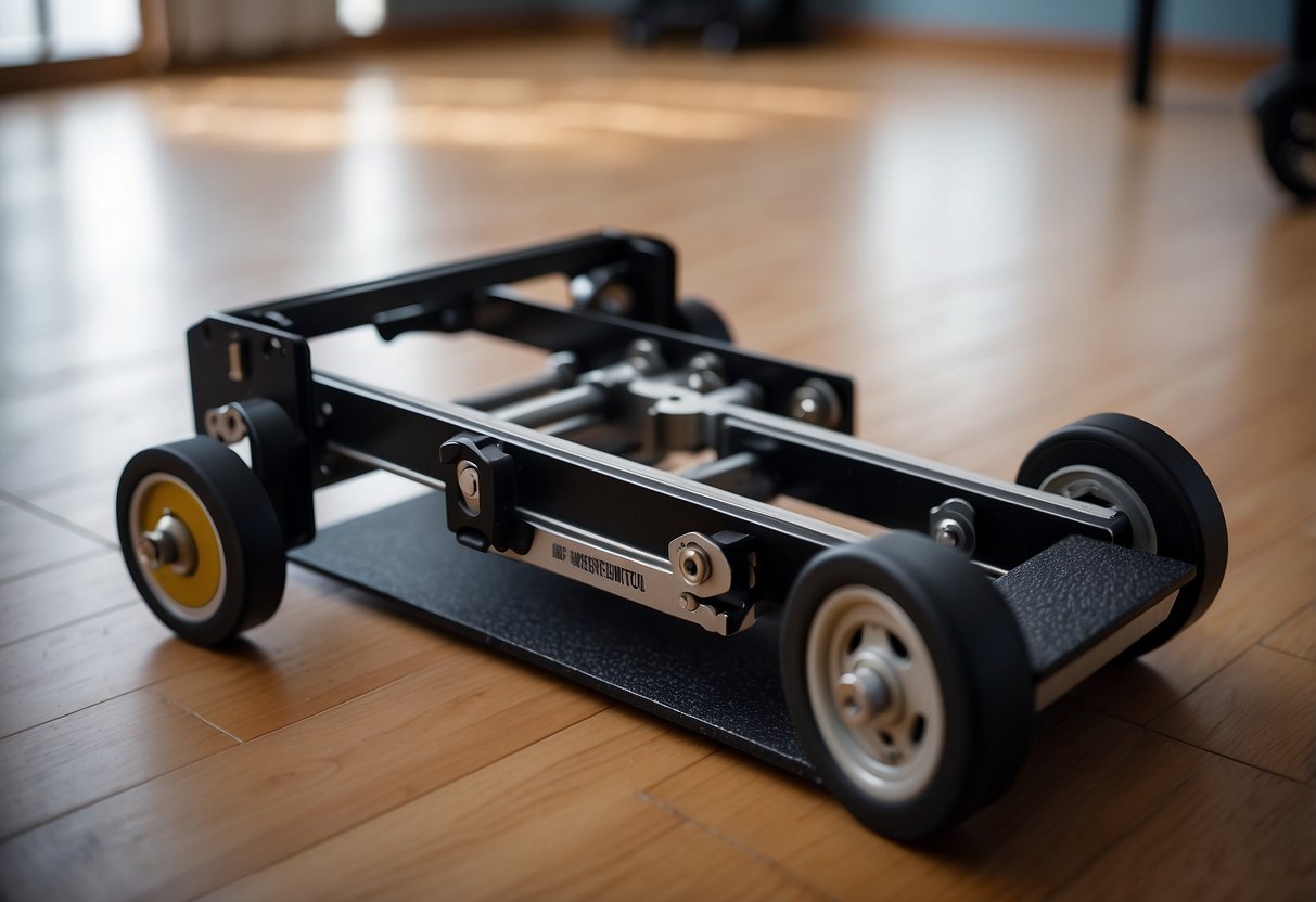 A dolly, furniture sliders, and a moving strap are arranged on the floor, ready for use in moving heavy furniture