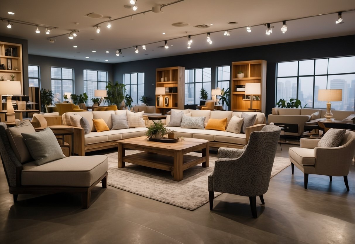 Various furniture pieces displayed in a showroom with bright lighting and price tags