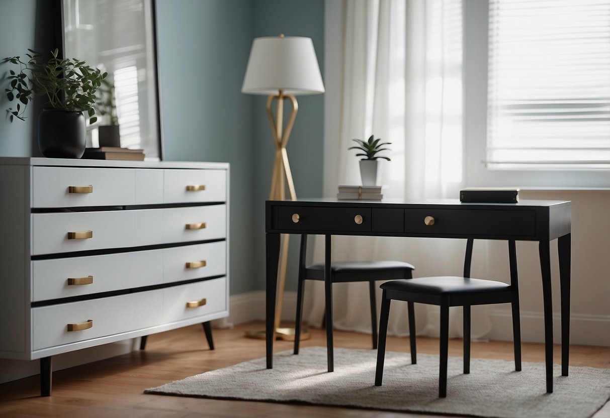 A table, chair, and dresser stand in a well-lit room, freshly painted in a sleek, modern finish