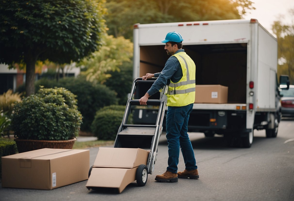 A person uses a dolly to move a heavy sofa into a moving truck. They secure the furniture with straps and carefully maneuver it into place
