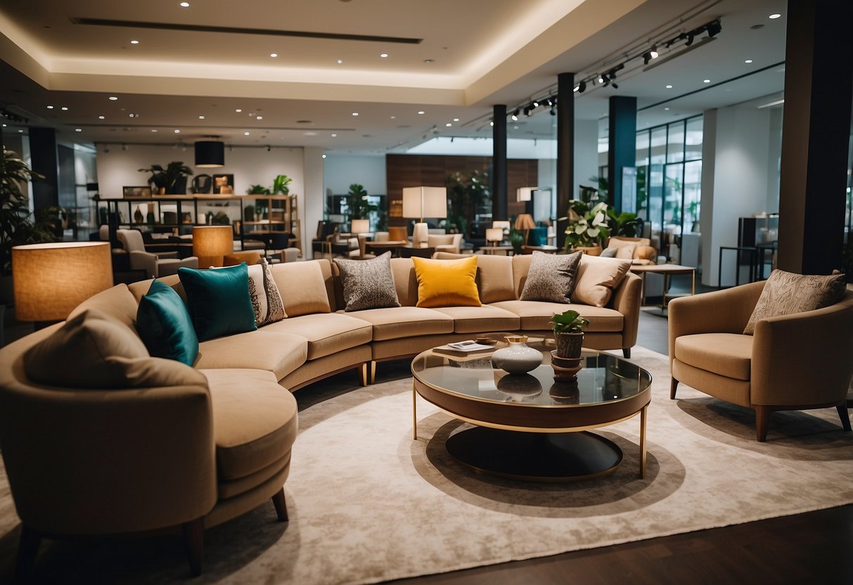 A bustling furniture showroom in Singapore, with vibrant displays and customers browsing for deals