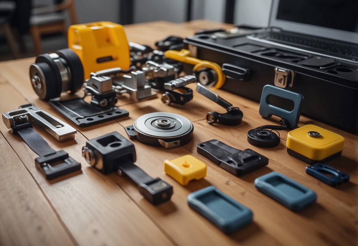 Various furniture moving tools arranged neatly on a wooden floor. Items include dollies, sliders, lifting straps, and furniture pads