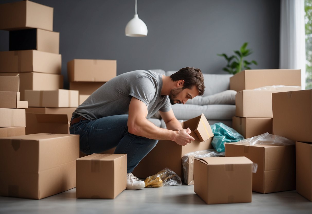 A person unpacks and assembles furniture, arranges items, and disposes of packaging. They consider placement and functionality in their home