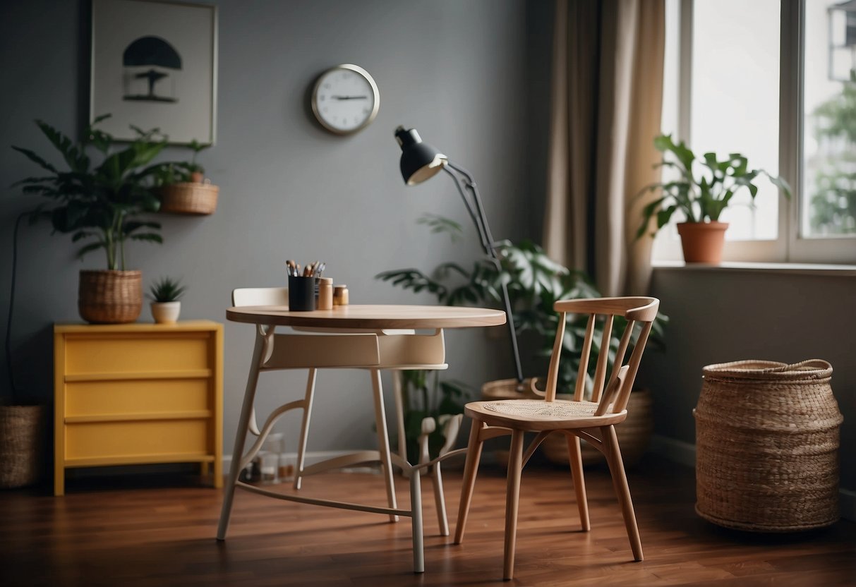 A table and chair in a cozy room, with cans of paint and brushes nearby. A sign reads "Frequently Asked Questions furniture paint singapore"