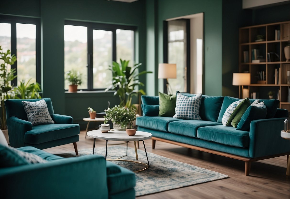 The room is filled with green and blue furniture, creating a vibrant and inviting atmosphere