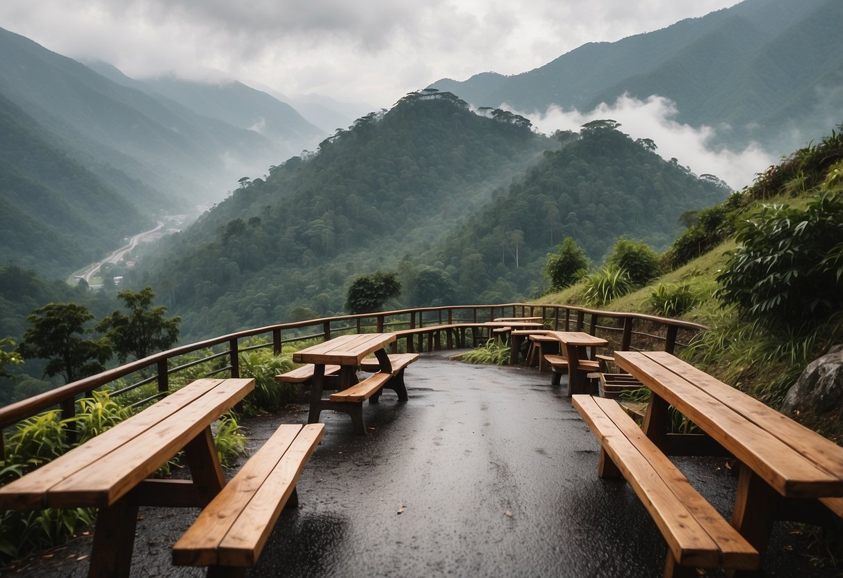 A winding road through a misty mountain pass, lined with wooden benches and tables, surrounded by lush greenery and the distant peaks of Genting Highlands