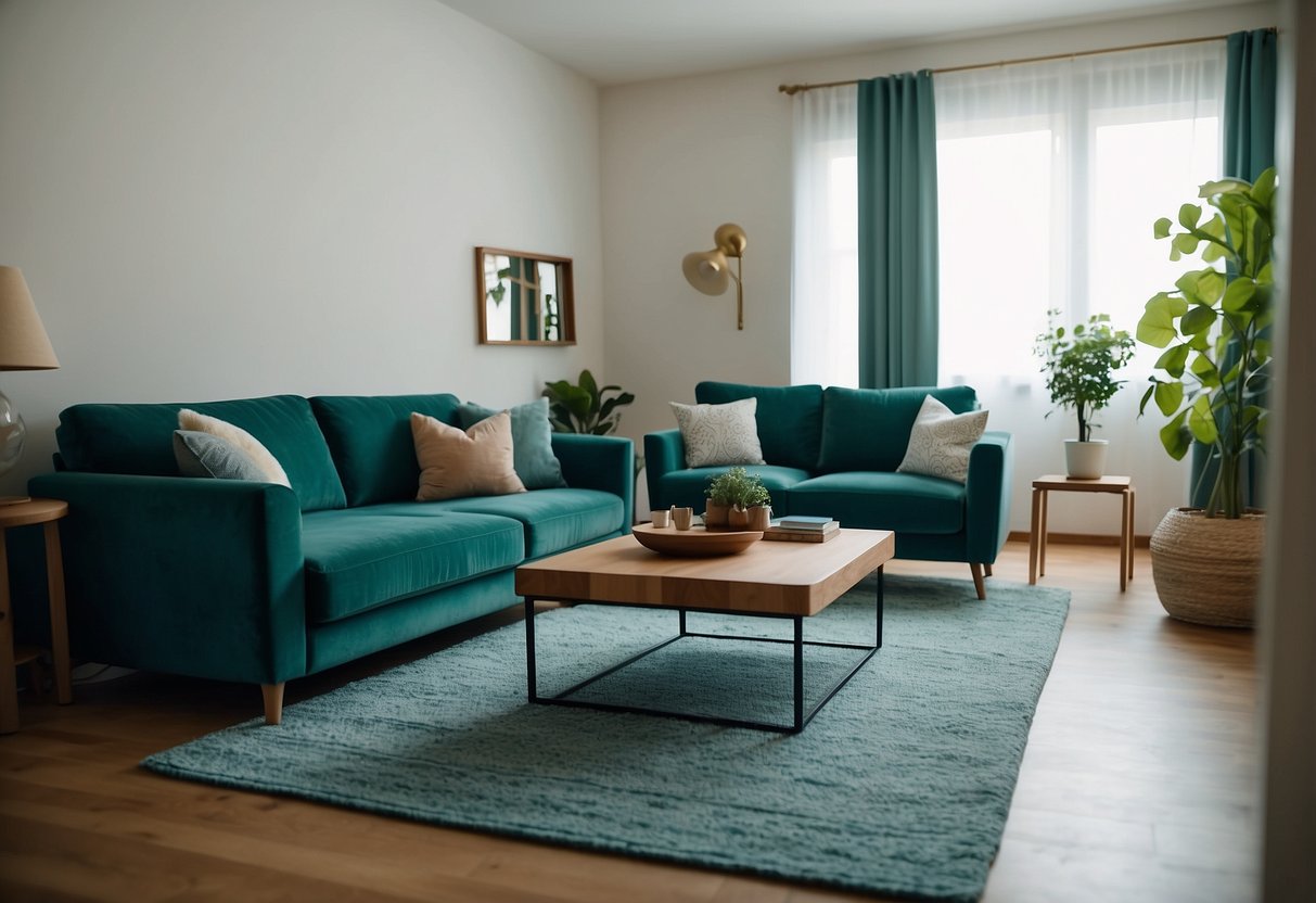 A living room with green and blue furniture, soft lighting, and a cozy rug