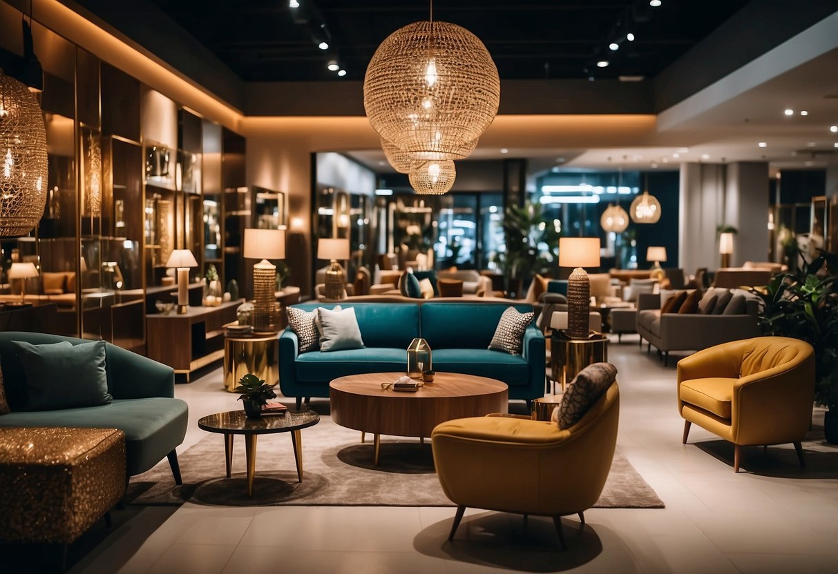 Customers browse through modern and classic furniture displays in spacious showrooms on Genting Road. Bright lighting highlights the elegant designs and vibrant colors