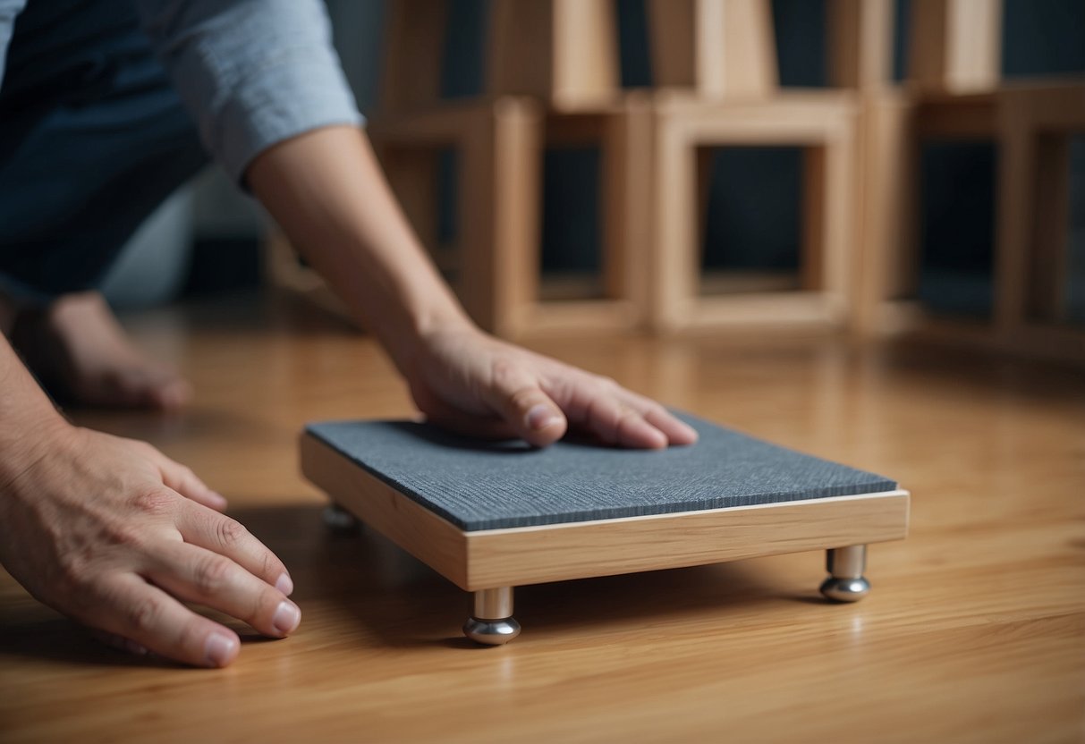 Furniture feet pads being selected and applied to various furniture legs for protection and floor safety