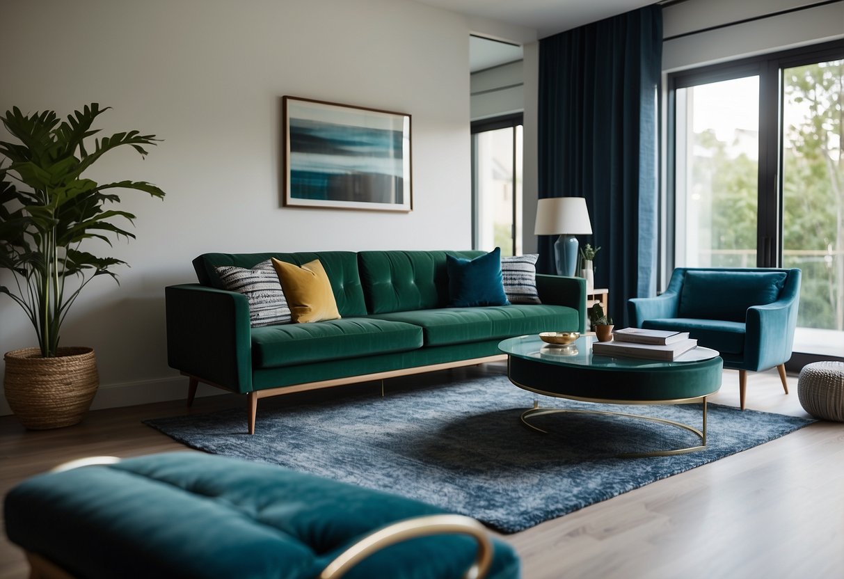 Green and blue furniture arranged in a modern living room. A sleek sofa and armchair sit on a geometric rug, with a matching coffee table in the center