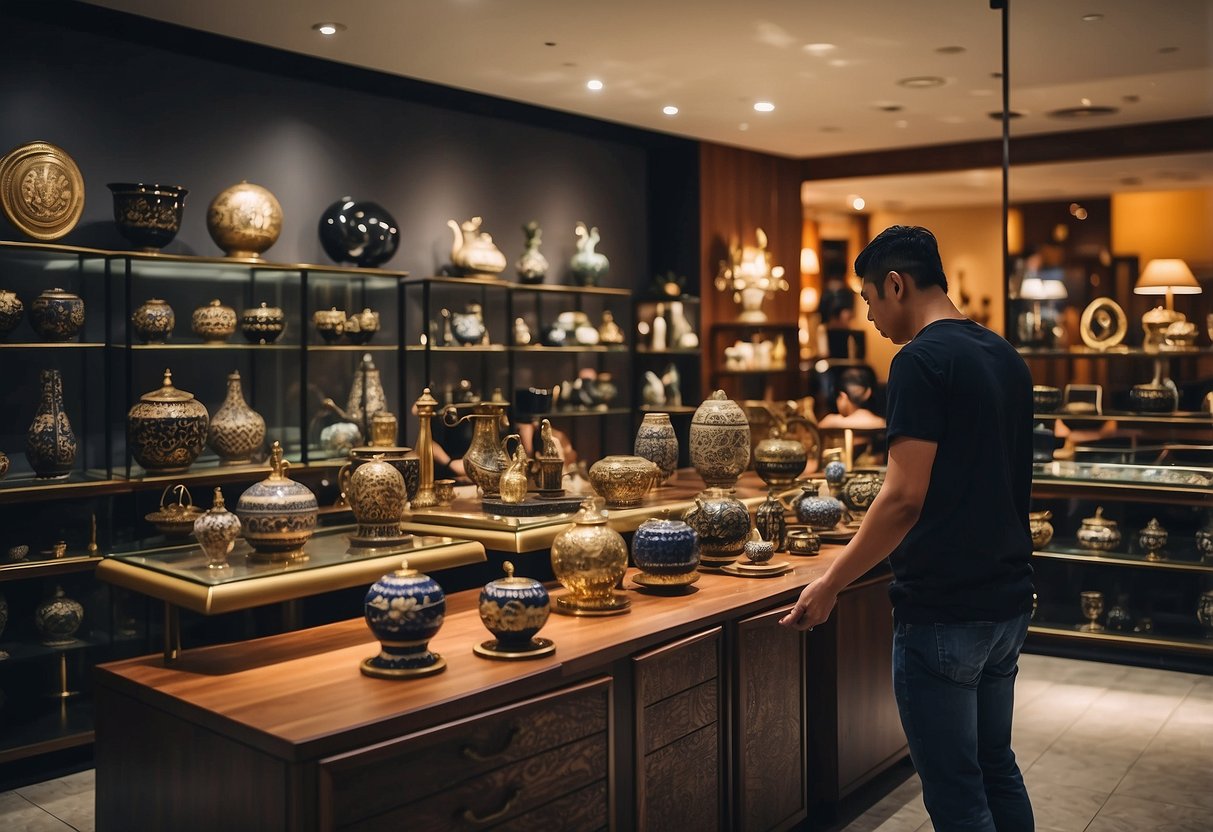 A customer browsing through a variety of furniture displayed along Genting Road, examining different styles and designs before making a purchase
